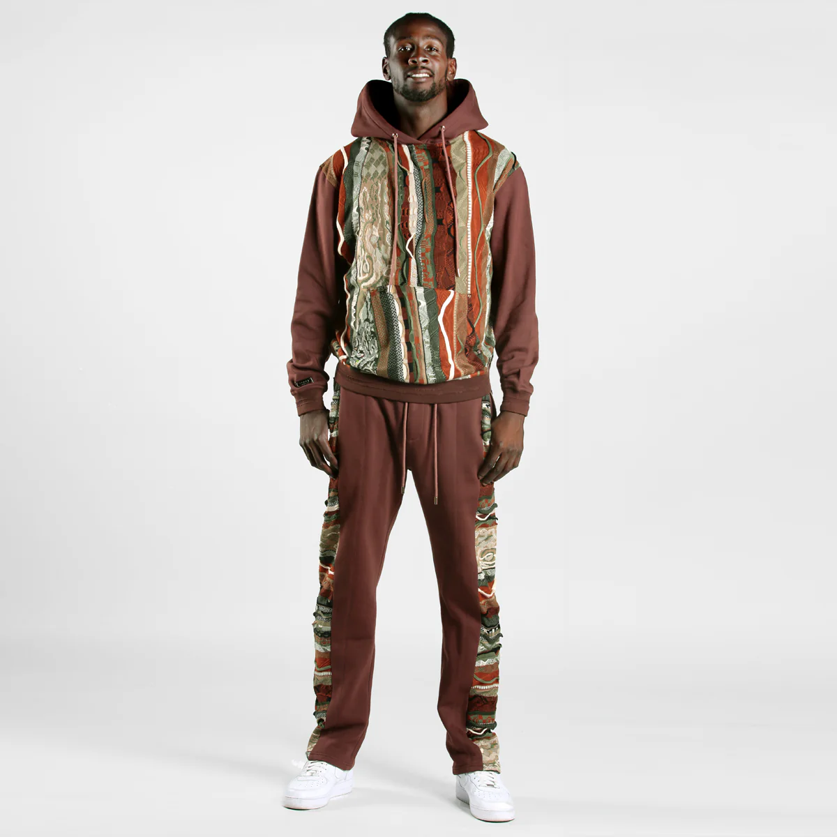 COOGI Sweater Pieced Fleece Hoody - Brown - Image 3